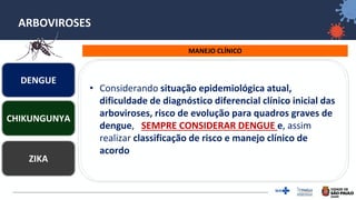 17
ARBOVIROSES
MANEJO CLÍNICO
DENGUE
ZIKA
CHIKUNGUNYA
• Considerando situação epidemiológica atual,
dificuldade de diagnóstico diferencial clínico inicial das
arboviroses, risco de evolução para quadros graves de
dengue, SEMPRE CONSIDERAR DENGUE e, assim
realizar classificação de risco e manejo clínico de
acordo
 