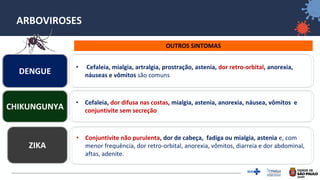 9
ARBOVIROSES
OUTROS SINTOMAS
DENGUE
ZIKA
CHIKUNGUNYA
• Cefaleia, mialgia, artralgia, prostração, astenia, dor retro-orbital, anorexia,
náuseas e vômitos são comuns
• Cefaleia, dor difusa nas costas, mialgia, astenia, anorexia, náusea, vômitos e
conjuntivite sem secreção
• Conjuntivite não purulenta, dor de cabeça, fadiga ou mialgia, astenia e, com
menor frequência, dor retro-orbital, anorexia, vômitos, diarreia e dor abdominal,
aftas, adenite.
 