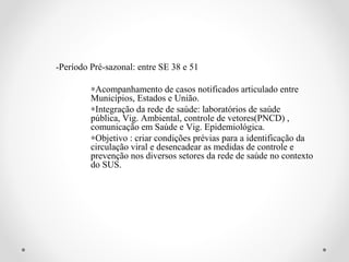 -Período Pré-sazonal: entre SE 38 e 51

         ∗Acompanhamento de casos notificados articulado entre
         Municípios, Estados e União.
         ∗Integração da rede de saúde: laboratórios de saúde
         pública, Vig. Ambiental, controle de vetores(PNCD) ,
         comunicação em Saúde e Vig. Epidemiológica.
         ∗Objetivo : criar condições prévias para a identificação da
         circulação viral e desencadear as medidas de controle e
         prevenção nos diversos setores da rede de saúde no contexto
         do SUS.
 