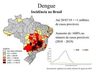 Dengue
Incidência no Brasil
Secretaria de vigilância em saúde, informe 30, agosto de 2019
Até 28/07/19 = >1 milhões
de casos prováveis
Aumento de >600% no
número de casos prováveis
(2018 – 2019)
 