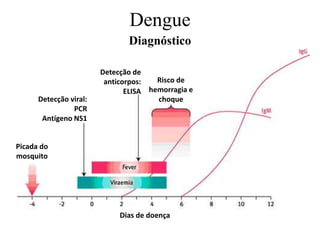 Dengue
Diagnóstico
Dias de doença
Picada do
mosquito
Detecção viral:
PCR
Antígeno NS1
Detecção de
anticorpos:
ELISA
Risco de
hemorragia e
choque
 