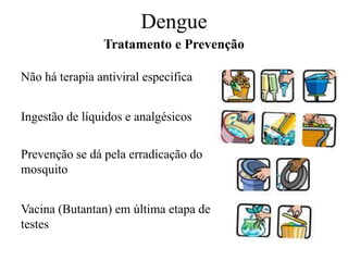 Dengue
Não há terapia antiviral específica
Ingestão de líquidos e analgésicos
Prevenção se dá pela erradicação do
mosquito
Vacina (Butantan) em última etapa de
testes
Tratamento e Prevenção
 