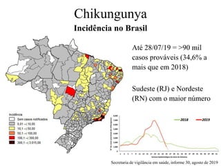 Chikungunya
Incidência no Brasil
Até 28/07/19 = >90 mil
casos prováveis (34,6% a
mais que em 2018)
Sudeste (RJ) e Nordeste
(RN) com o maior número
Secretaria de vigilância em saúde, informe 30, agosto de 2019
 