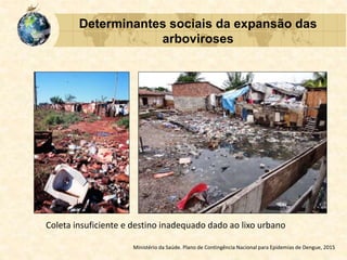 Determinantes sociais da expansão das
arboviroses
Coleta insuficiente e destino inadequado dado ao lixo urbano
Ministério da Saúde. Plano de Contingência Nacional para Epidemias de Dengue, 2015
 