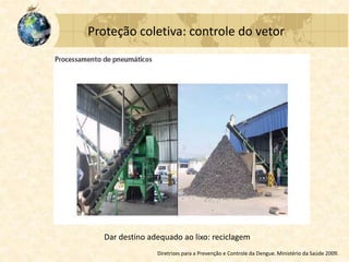 Proteção coletiva: controle do vetor
Dar destino adequado ao lixo: reciclagem
Diretrizes para a Prevenção e Controle da Dengue. Ministério da Saúde 2009.
 
