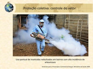 Proteção coletiva: controle do vetor
Uso pontual de inseticidas nebulizados em bairros com alta incidência de
arboviroses
Diretrizes para a Prevenção e Controle da Dengue. Ministério da Saúde 2009.
 