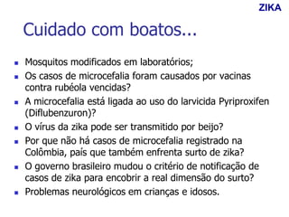 Cuidado com boatos...
 Mosquitos modificados em laboratórios;
 Os casos de microcefalia foram causados por vacinas
contra rubéola vencidas?
 A microcefalia está ligada ao uso do larvicida Pyriproxifen
(Diflubenzuron)?
 O vírus da zika pode ser transmitido por beijo?
 Por que não há casos de microcefalia registrado na
Colômbia, país que também enfrenta surto de zika?
 O governo brasileiro mudou o critério de notificação de
casos de zika para encobrir a real dimensão do surto?
 Problemas neurológicos em crianças e idosos.
ZIKA
 