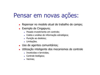 Pensar em novas ações:
 Repensar no modelo atual de trabalho de campo;
 Exemplo de Cingapura;
 Pesado investimento em controle;
 Coleta e análise de informação estratégica;
 Punição ao desleixo;
 Limitações.
 Uso de agentes comunitários;
 Utilização inteligente dos mecanismos de controle
 Inceticidas e larvicidas;
 Controle biológico;
 Vacinas;
 