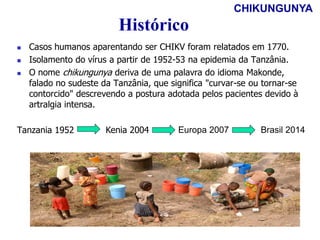  Casos humanos aparentando ser CHIKV foram relatados em 1770.
 Isolamento do vírus a partir de 1952-53 na epidemia da Tanzânia.
 O nome chikungunya deriva de uma palavra do idioma Makonde,
falado no sudeste da Tanzânia, que significa "curvar-se ou tornar-se
contorcido" descrevendo a postura adotada pelos pacientes devido à
artralgia intensa.
Tanzania 1952
Histórico
CHIKUNGUNYA
Kenia 2004 Brasil 2014Europa 2007
 