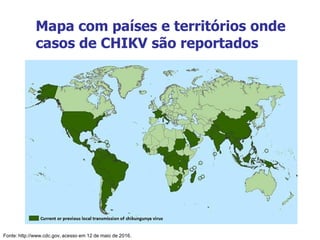 Mapa com países e territórios onde
casos de CHIKV são reportados
Fonte: http://www.cdc.gov, acesso em 12 de maio de 2016.
 