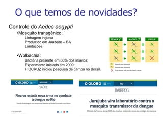 Controle do Aedes aegypti
•Mosquito transgênico:
Linhagem inglesa
Produzido em Juazeiro – BA
Limitações
•Wolbachia:
Bactéria presente em 60% dos insetos;
Experimento iniciado em 2009;
FIOCRUZ iniciou pesquisa de campo no Brasil.
O que temos de novidades?
 