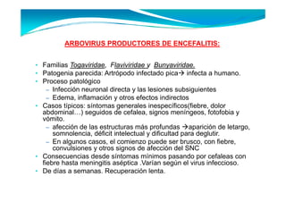 ARBOVIRUS PRODUCTORES DE ENCEFALITIS:


• Familias Togaviridae, Flaviviridae y Bunyaviridae.
• Patogenia parecida: Artrópodo infectado pica infecta a humano.
• Proceso patológico
   – Infección neuronal directa y las lesiones subsiguientes
   – Edema, inflamación y otros efectos indirectos
• Casos típicos: síntomas generales inespecíficos(fiebre, dolor
  abdominal…) seguidos de cefalea, signos meníngeos, fotofobia y
  vómito.
    – afección de las estructuras más profundas aparición de letargo,
      somnolencia, déficit intelectual y dificultad para deglutir.
    – En algunos casos, el comienzo puede ser brusco, con fiebre,
      convulsiones
      con lsiones y otros signos de afección del SNC
• Consecuencias desde síntomas mínimos pasando por cefaleas con
  fiebre hasta meningitis aséptica .Varían según el virus infeccioso.
• De días a semanas Recuperación lenta
             semanas.                   lenta.
 