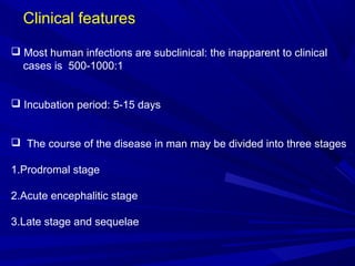 Clinical features
 Most human infections are subclinical: the inapparent to clinical
cases is 500-1000:1
 Incubation period: 5-15 days
 The course of the disease in man may be divided into three stages
1.Prodromal stage
2.Acute encephalitic stage
3.Late stage and sequelae
 