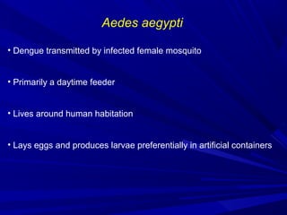 Aedes aegypti
• Dengue transmitted by infected female mosquito
• Primarily a daytime feeder
• Lives around human habitation
• Lays eggs and produces larvae preferentially in artificial containers
 