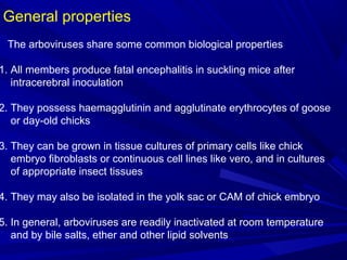 General properties
The arboviruses share some common biological properties
1. All members produce fatal encephalitis in suckling mice after
intracerebral inoculation
2. They possess haemagglutinin and agglutinate erythrocytes of goose
or day-old chicks
3. They can be grown in tissue cultures of primary cells like chick
embryo fibroblasts or continuous cell lines like vero, and in cultures
of appropriate insect tissues
4. They may also be isolated in the yolk sac or CAM of chick embryo
5. In general, arboviruses are readily inactivated at room temperature
and by bile salts, ether and other lipid solvents
 