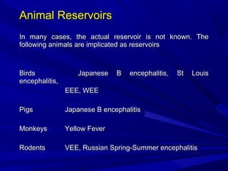 Animal Reservoirs
Animal Reservoirs
In many cases, the actual reservoir is not known. The
In many cases, the actual reservoir is not known. The
following animals are implicated as reservoirs
following animals are implicated as reservoirs
Birds
Birds Japanese B encephalitis, St Louis
Japanese B encephalitis, St Louis
encephalitis,
encephalitis,
EEE, WEE
EEE, WEE
Pigs
Pigs Japanese B encephalitis
Japanese B encephalitis
Monkeys
Monkeys Yellow Fever
Yellow Fever
Rodents
Rodents VEE, Russian Spring-Summer encephalitis
VEE, Russian Spring-Summer encephalitis
 
