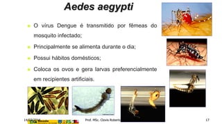  O vírus Dengue é transmitido por fêmeas do
mosquito infectado;
 Principalmente se alimenta durante o dia;
 Possui hábitos domésticos;
 Coloca os ovos e gera larvas preferencialmente
em recipientes artificiais.
Aedes aegypti
14/03/2016 Prof. MSc. Clovis Roberto Gurski - BIÓLOGO 17
 