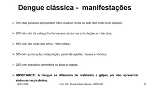  99% das pessoas apresentam febre durante cerca de sete dias com início abrupto;
 60% têm dor de cabeça frontal severa, dores nas articulações e músculos;
 50% têm dor atrás dos olhos (retro-orbital);
 50% têm prostração, indisposição, perda de apetite, náusea e vômitos;
 25% têm manchas vermelhas no tórax e braços;
 IMPORTANTE: A Dengue se diferencia de resfriados e gripes por não apresentar
sintomas respiratórios.
Dengue clássica - manifestações
14/03/2016 Prof. MSc. Clovis Roberto Gurski - BIÓLOGO 25
 