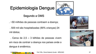 Segundo a OMS
 . ~50 milhões de pessoas contraem a doença;
o . 500 mil são hospitalizadas (90% crianças) 24
mil óbitos;
o . Cerca de 2,5 – 3 bilhões de pessoas vivem
em risco de contrair a doença nos países onde o
dengue é endêmico.
Epidemiologia Dengue
14/03/2016 Prof. MSc. Clovis Roberto Gurski - BIÓLOGO 37
 