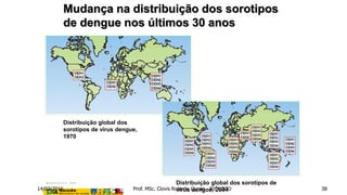 Distribuição global dos
sorotipos de vírus dengue,
1970
Distribuição global dos sorotipos de
vírus dengue, 2004
Mackenzie et al., 2004
Mudança na distribuição dos sorotipos
de dengue nos últimos 30 anos
14/03/2016 Prof. MSc. Clovis Roberto Gurski - BIÓLOGO 38
 