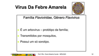 Família Flaviviridae, Gênero Flavivirus
 É um arbovirus – protótipo da família;
 Transmitidos por mosquitos,
 Possui um só sorotipo.
Vírus Da Febre Amarela
14/03/2016 Prof. MSc. Clovis Roberto Gurski - BIÓLOGO 52
 
