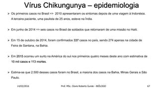  Os primeiros casos no Brasil => 2010 apresentaram os sintomas depois de uma viagem à Indonésia.
A terceira paciente, uma paulista de 25 anos, esteve na Índia.
 Em junho de 2014 => seis casos no Brasil de soldados que retornaram de uma missão no Haiti.
 Em 15 de outubro de 2014, foram confirmados 337 casos no país, sendo 274 apenas na cidade de
Feira de Santana, na Bahia.
 Em 2015 ocorreu um surto na América do sul nos primeiros quatro meses deste ano com estimativa de
10 mil casos e 113 mortes.
 Estima-se que 2.500 desses casos foram no Brasil, a maioria dos casos na Bahia, Minas Gerais e São
Paulo.
Vírus Chikungunya – epidemiologia
14/03/2016 Prof. MSc. Clovis Roberto Gurski - BIÓLOGO 67
 