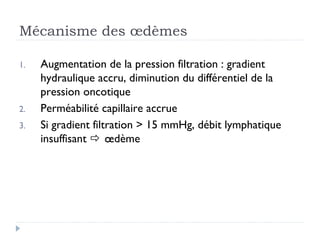 Mécanisme des œdèmes

1.   Augmentation de la pression filtration : gradient
     hydraulique accru, diminution du différentiel de la
     pression oncotique
2.   Perméabilité capillaire accrue
3.   Si gradient filtration > 15 mmHg, débit lymphatique
     insuffisant  œdème
 