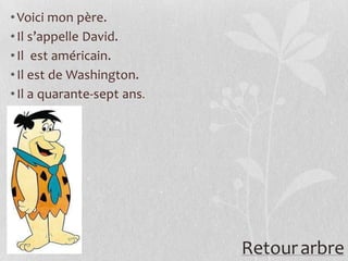 • Voici mon père.
• Il s’appelle David.
• Il est américain.
• Il est de Washington.
• Il a quarante-sept ans.




                            Retour arbre
 