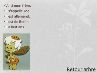 • Voici mon frère.
• Il s’appelle Joe.
• Il est allemand.
• Il est de Berlin.
• Il a huit ans.




                      Retour arbre
 