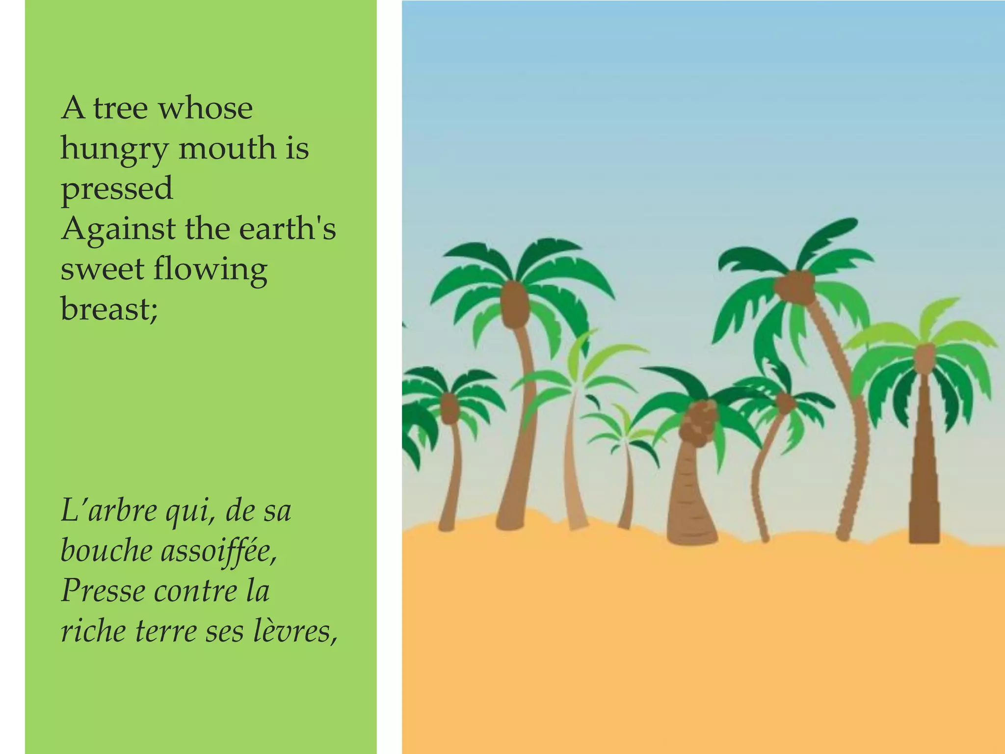 A tree whose
hungry mouth is
pressed
Against the earth's
sweet flowing
breast;
L’arbre qui, de sa
bouche assoiffée,
Presse contre la
riche terre ses lèvres,