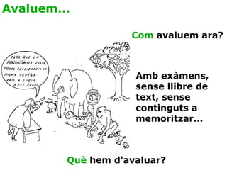 Avaluem... Com  avaluem ara? Amb exàmens,  sense llibre de text, sense continguts a memoritzar... Què  hem d'avaluar? 