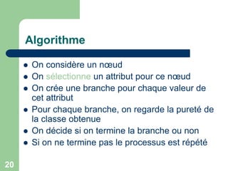 20
Algorithme
 On considère un nœud
 On sélectionne un attribut pour ce nœud
 On crée une branche pour chaque valeur de
cet attribut
 Pour chaque branche, on regarde la pureté de
la classe obtenue
 On décide si on termine la branche ou non
 Si on ne termine pas le processus est répété
 
