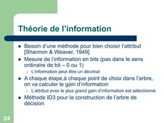 24
Théorie de l’information
 Besoin d’une méthode pour bien choisir l’attribut
[Shannon & Weaver, 1949]
 Mesure de l’information en bits (pas dans le sens
ordinaire de bit – 0 ou 1)
– L’information peut être un décimal
 A chaque étape,à chaque point de choix dans l’arbre,
on va calculer le gain d’information
– L’attribut avec le plus grand gain d’information est sélectionné
 Méthode ID3 pour la construction de l’arbre de
décision
 