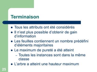 25
Terminaison
 Tous les attributs ont été considérés
 Il n’est plus possible d’obtenir de gain
d’information
 Les feuilles contiennent un nombre prédéfini
d’éléments majoritaires
 Le maximum de pureté a été atteint
– Toutes les instances sont dans la même
classe
 L’arbre a atteint une hauteur maximum
 