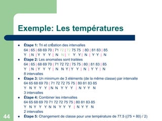 44
Exemple: Les températures
 Étape 1: Tri et création des intervalles
64 | 65 | 68 69 70 | 71 72 | 72 75 75 | 80 | 81 83 | 85
Y | N | Y Y Y | N N | Y Y Y | N | Y Y | N
 Étape 2: Les anomalies sont traitées
64 | 65 | 68 69 70 | 71 72 72 | 75 75 | 80 | 81 83 | 85
Y | N | Y Y Y | N N Y | Y Y | N | Y Y | N
8 intervalles
 Étape 3: Un minimum de 3 éléments (de la même classe) par intervalle
64 65 68 69 70 | 71 72 72 75 75 | 80 81 83 85
Y N Y Y Y | N N Y Y Y | N Y Y N
3 intervalles
 Étape 4: Combiner les intervalles
64 65 68 69 70 71 72 72 75 75 | 80 81 83 85
Y N Y Y Y N N Y Y Y | N Y Y N
2 intervalles
 Étape 5: Changement de classe pour une température de 77.5 ((75 + 80) / 2)
 