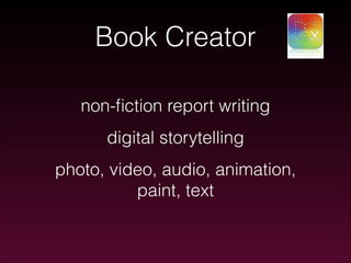 Book Creator
non-ﬁction report writing
digital storytelling
photo, video, audio, animation,
paint, text

 