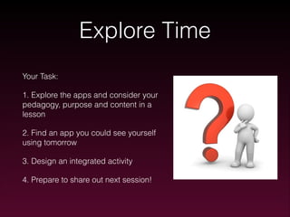 Explore Time
Your Task:
1. Explore the apps and consider your
pedagogy, purpose and content in a
lesson
2. Find an app you could see yourself
using tomorrow
3. Design an integrated activity
4. Prepare to share out next session!

 