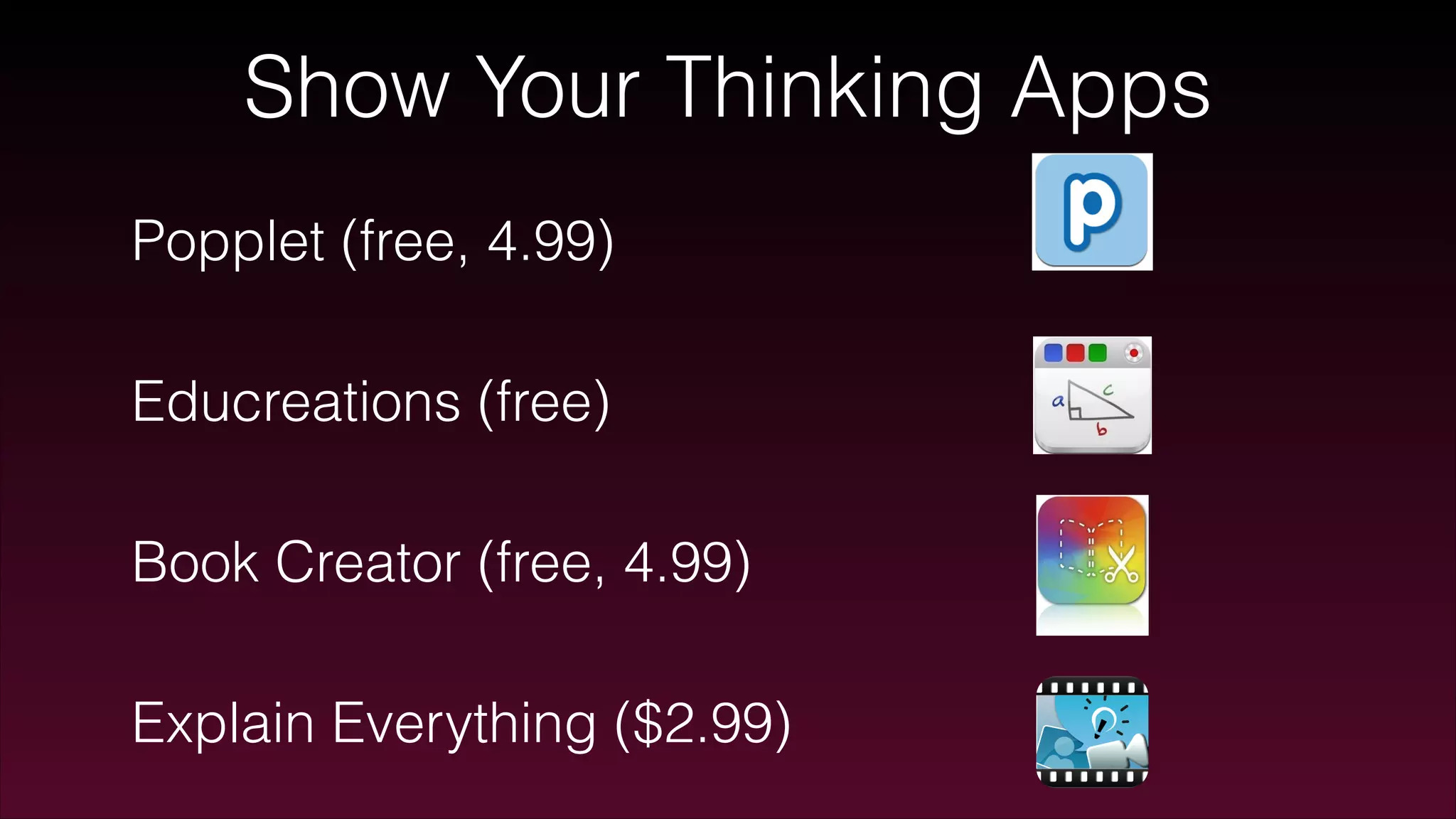 Show Your Thinking Apps
!
Popplet (free, 4.99)
!
Educreations (free)
!
Book Creator (free, 4.99)
!
Explain Everything ($2.99)
 