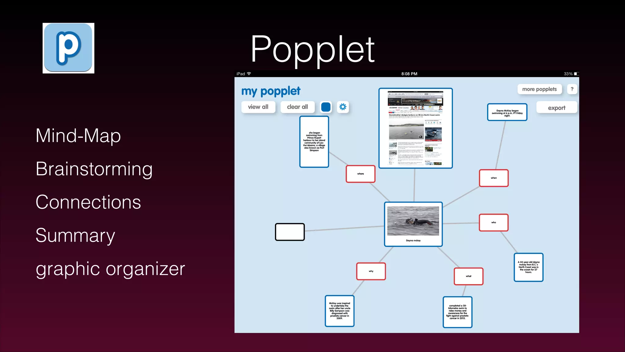 Popplet
Mind-Map
Brainstorming
Connections
Summary
graphic organizer
 