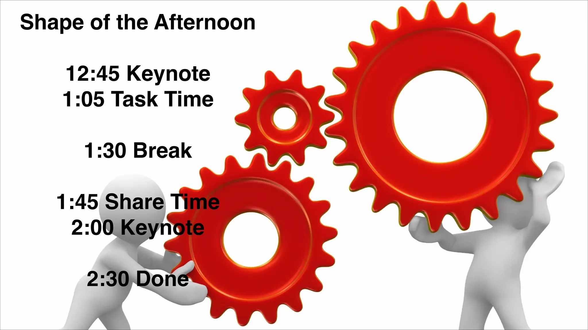 Shape of the Afternoon!
!
12:45 Keynote!
1:05 Task Time!
!
1:30 Break!
!
1:45 Share Time!
2:00 Keynote!
!
2:30 Done!
!
 