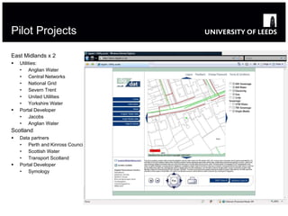 Pilot Projects East Midlands x 2 Utilities: Anglian Water Central Networks National Grid Severn Trent United Utilities Yorkshire Water Portal Developer Jacobs Anglian Water Scotland Data partners Perth and Kinross Council Scottish Water Transport Scotland Portal Developer Symology 