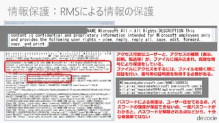 アクセス可能なユーザーと、アクセスの種類（表示、
印刷、転送等）が、ファイルに組み込まれ、高度な暗
号により保護をしている。
ファイルにアクセスをするには、ファイルを開く際に
認証を行い、復号用の証明書を取得する必要がある。
パスワードによる保護は、ユーザー任せである点、パ
スワードの強度が保証できない点、一度パスワードが
わかると、パスワードが解除される点などから、十分
な保護策ではない
 