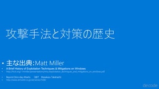 • 主な出典:Matt Miller
• A Brief History of Exploitation Techniques & Mitigations on Windows
• http://www.atmarkit.co.jp/ait/series/1568/
 