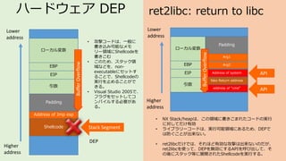 ハードウェア DEP
引数
EIP
EBP
ローカル変数
Lower
address
Higher
address
Padding
Address of Jmp esp
Shellcode
BufferOverflow
引数
EIP
EBP
ローカル変数
Lower
address
Higher
address
ret2libc: return to libc
Stack Segment
Address of system
fake Return address
address of “cmd”
Arg2
Arg1
Padding
BufferOverflow
API
API
• 攻撃コードは、一般に
書き込み可能なメモ
リー領域にShellcodeを
書きこむ
• このため、スタック領
域などを、non-
executableにセットす
ることで、Shellcodeの
実行を止めることがで
きる。
• Visual Studio 2005で、
フラグをセットしてコ
ンパイルする必要があ
る。
• NX Stack/heapは、この領域に書きこまれたコードの実行
に対してだけ有効
• ライブラリーコードは、実行可能領域にあるため、DEPで
は防ぐことが出来ない。
• ret2libcだけでは、それほど有効な攻撃は出来ないのだが、
ret2libcを使って、DEPを無効にするAPIを呼び出して、そ
の後にスタック等に展開されたShellcodeを実行する。
DEP
 