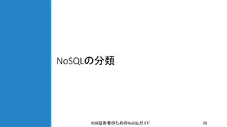 NoSQLの分類
RDB NoSQL技術者のための ガイド 20
 