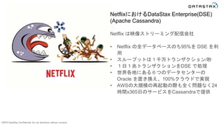 ©2015 DataStax Confidential. Do not distribute without consent.
NetflixにおけるDataStax Enterprise(DSE)
(Apache Cassandra)
Netflix は映像ストリーミング配信会社
• Netflix の全データベースのち95%を DSE を利
用
• スループットは１千万トランザクション/秒
• １日１兆トランザクションをDSE で処理
• 世界各地にある６つのデータセンターの
Oracle を置き換え、100%クラウドで実現
• AWSの大規模の再起動の際も全く問題なく24
時間x365日のサービスをCassandraで提供
 