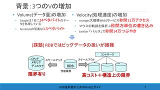 背景：3つのVの増加
• Volume(データ量)の増加
• Googleは１日に24ペタバイトのデー
タを処理している
• facebookの写真は1.5ペタバイト
スケールアップ スケールアウト
コントローラ
性能限界
高コスト＋構造上の限界限界有り
CPU↑
メモリ↑
ディスク↑ RDB
RDB NoSQL技術者のための ガイド 7
• Velocity(処理速度)の増加
• orange(大規模Web)サービス秒間11万アクセス
• マウスの軌跡を解析→秒間万単位の書き込み
• twitter 「バルス」で秒間14万つぶやき
[課題] RDBではビッグデータの扱いが困難
 
