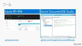 Azure ポータル Azure DocumentDB Studio
portal.azure.com github.com/mingaliu/DocumentDBStudio
 