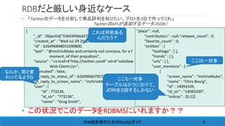 RDBだと厳しい身近なケース
• 「Twitterのデータを分析して商品評判を知りたい。プロトを3日で作ってくれ」
TwitterのAPIが返却するデータ（JSON）
• この状況でこのデータをRDBMSにいれますか？？
{
"_id" : ObjectId("55b93f4bb427f0c12e080473"),
"created_at" : "Wed Jul 29 20:57:42 +0000 2015",
"id" : 626496848031690800,
"text" : "@mchris4duke and certainly not concious, for a f
moment, of their prejudices",
"source" : "<a href=¥"http://twitter.com¥" rel=¥"nofollow
Web Client</a>",
"truncated" : false,
"in_reply_to_status_id" : 626496667957751800,
"in_reply_to_screen_name" : "mchris4duke",
"user" : {
"id" : 772136,
"id_str" : "772136",
"name" : "Greg Smith",
"place" : null,
"contributors" : null,"retweet_count" : 0,
"favorite_count" : 0,
"entities" : {
"hashtags" : [ ],
"trends" : [ ],
"urls" : [ ],
"user_mentions" : [
{
"screen_name" : "mchris4duke",
"name" : "Chris Bourg",
"id" : 14093339,
"id_str" : "14093339",
"indices" : [0,12]
ここは一対多
これは何桁ある
んだろう？
なんか、前と変
わってるような ここも一対多
テーブルは３つに分けて、
JOINを２回するしかない
RDB NoSQL技術者のための ガイド 9
 